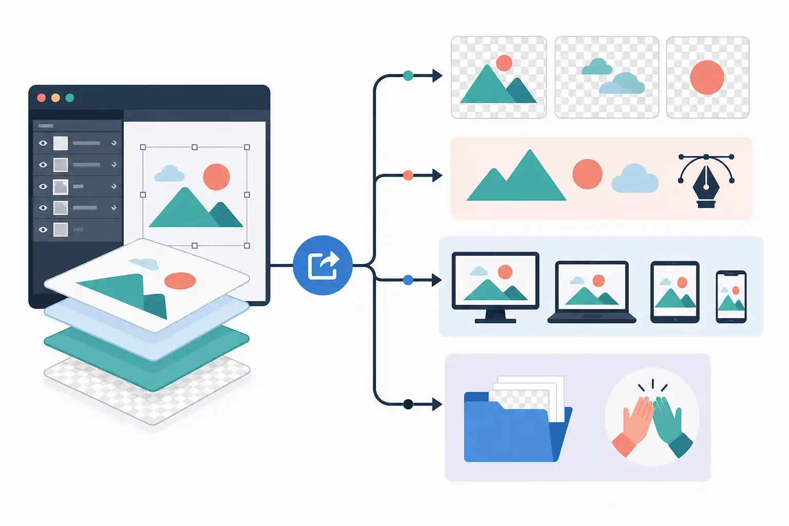 Infografik zu Photoshop-Ebenen automatisch als PNG und SVG exportieren: Asset Export für Design-Teams (KI-generiert)