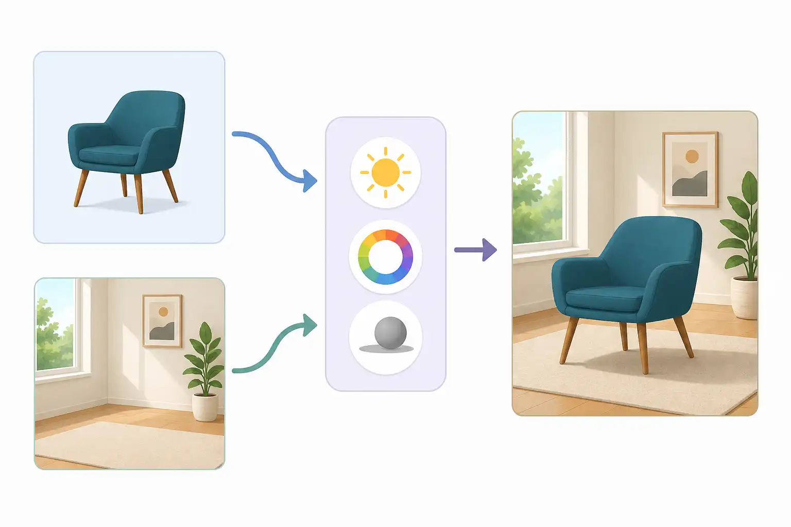 Infografik zu Objekte mit „Harmonisieren“ in Photoshop an Licht und Farbe anpassen (KI-generiert)