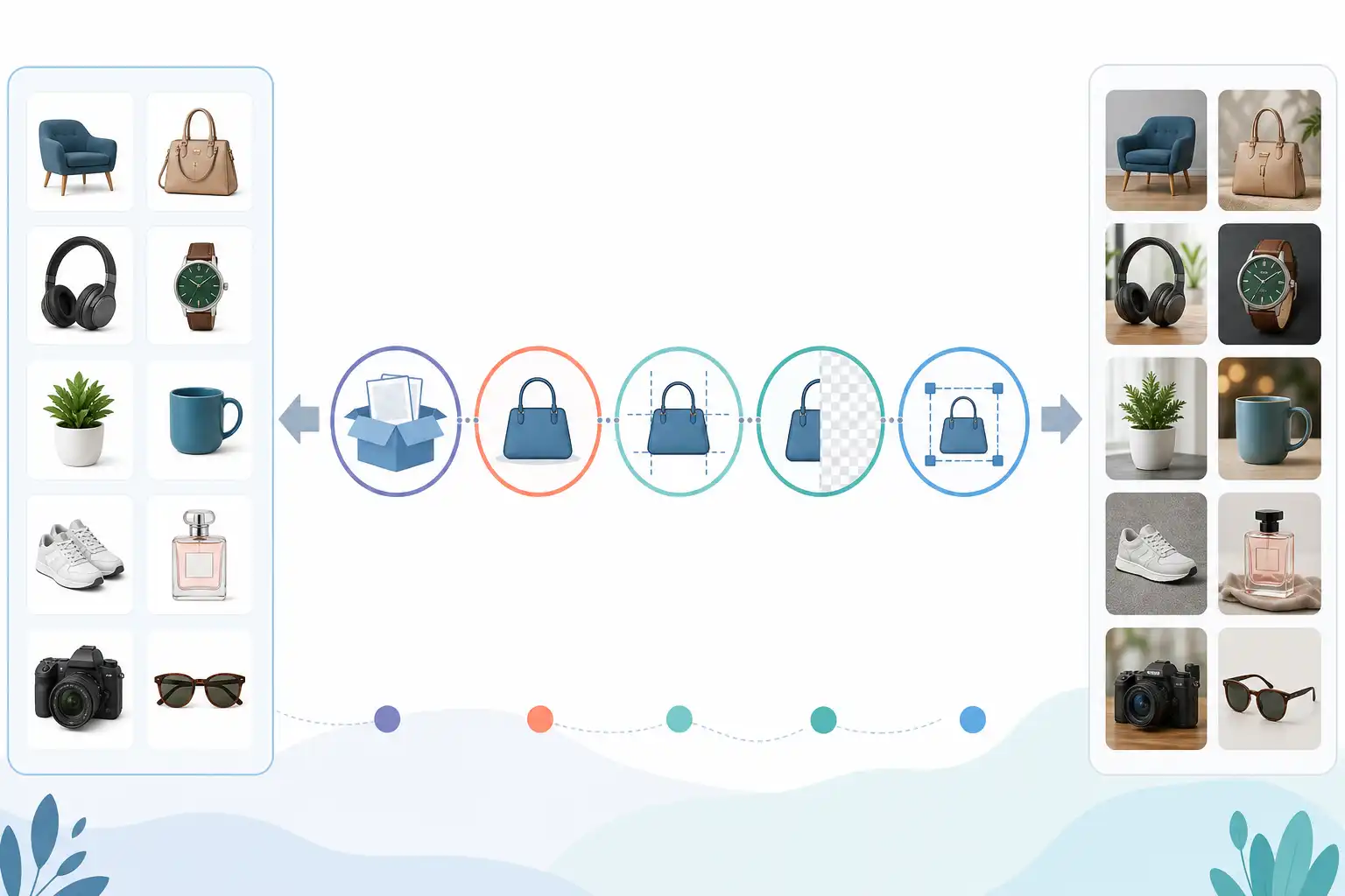 Infografik zu Produktfotos für den Onlineshop in Photoshop einheitlich bearbeiten: Zuschnitt, Hintergrund und Schatten (KI-generiert)