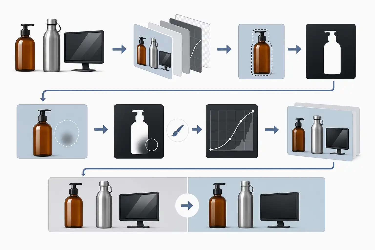 Infografik zu Spiegelungen aus Produktfotos in Photoshop entfernen: Glas, Metall und Displays natürlich retuschieren (KI-generiert)