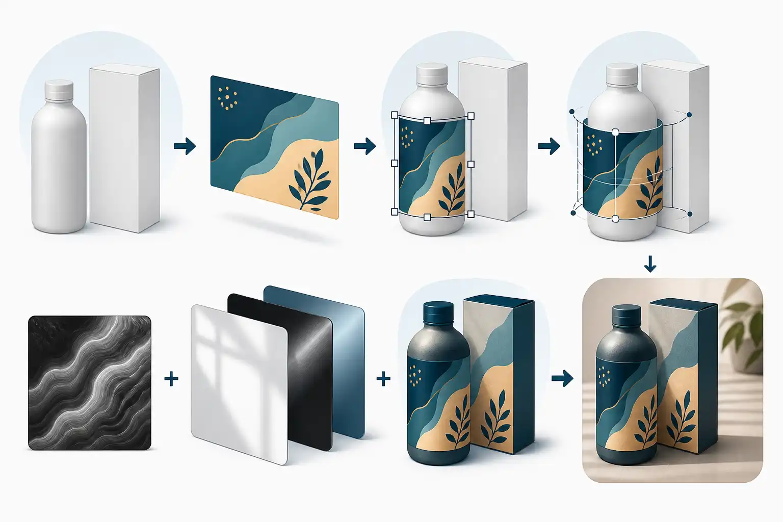 Infografik zu Verpackungs-Mockups in Photoshop: Etiketten und Designs realistisch auf Produkte platzieren (KI-generiert)
